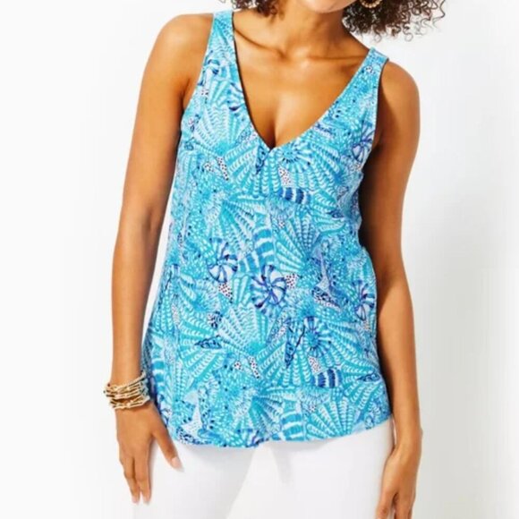 Lilly Pulitzer Florin Sleeveless Linen Top - Amalfi Blue By The Seashore LARGE - Picture 1 of 8